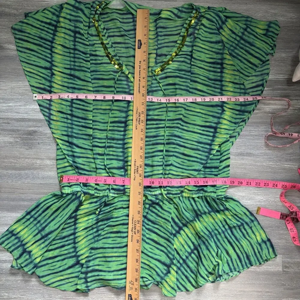 Victorias Secret Green Tie Dye Sequin Trim Sheer Swim Cover Up Tunic Dress M/L